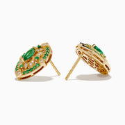14K yellow gold Art Deco stud earrings featuring emeralds and diamonds with intricate filigree and a central marquise-cut emerald, shown on a white background.