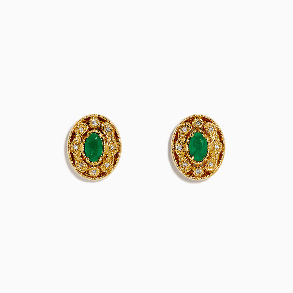14K Yellow Gold Emerald and Diamond Filigree Halo Stud Earrings featuring green emerald centers and sparkling diamonds in a decorative filigree pattern, shown against a white background.