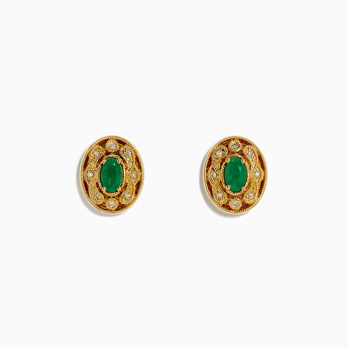 14K Yellow Gold Emerald and Diamond Filigree Halo Stud Earrings featuring green emerald centers and sparkling diamonds in a decorative filigree pattern, shown against a white background.