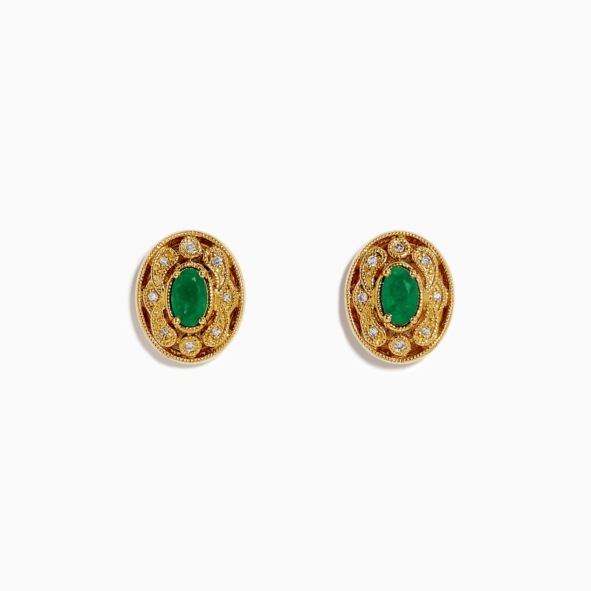 14K Yellow Gold Emerald and Diamond Filigree Halo Stud Earrings featuring green emerald centers and sparkling diamonds in a decorative filigree pattern, shown against a white background.