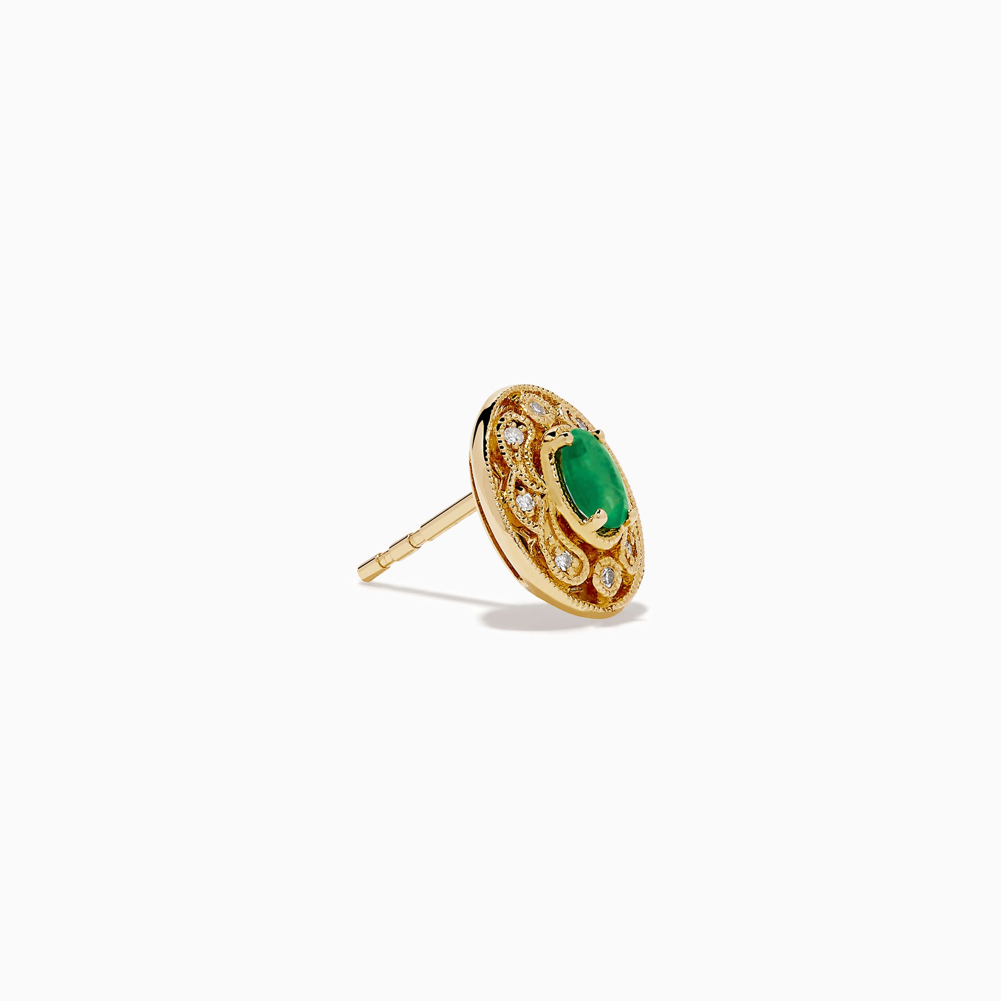 14K Yellow Gold Emerald and Diamond Filigree Halo Stud Earrings featuring green emerald centers and sparkling diamonds in a decorative filigree pattern, shown against a white background.