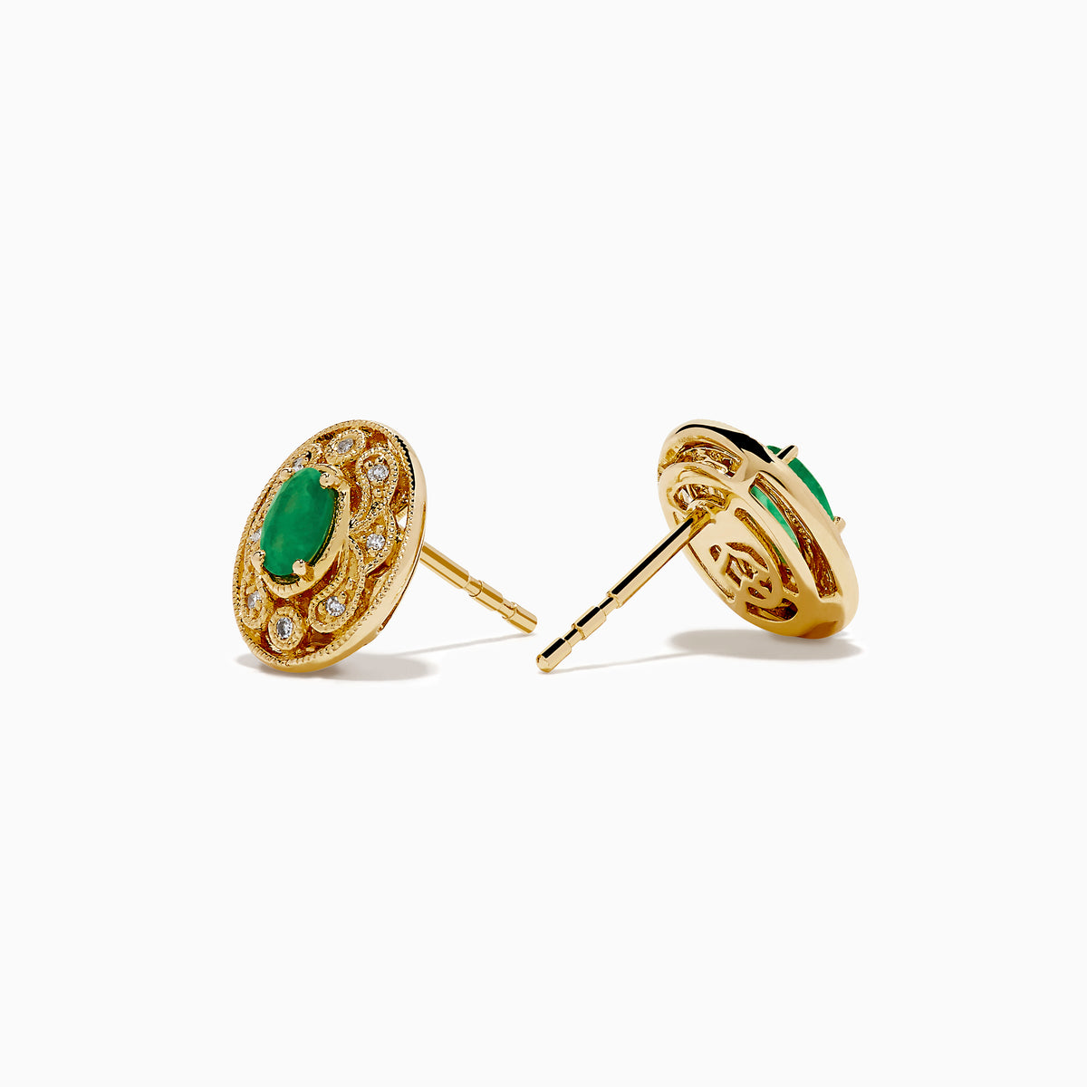 14K Yellow Gold Emerald and Diamond Filigree Halo Stud Earrings featuring green emerald centers and sparkling diamonds in a decorative filigree pattern, shown against a white background.