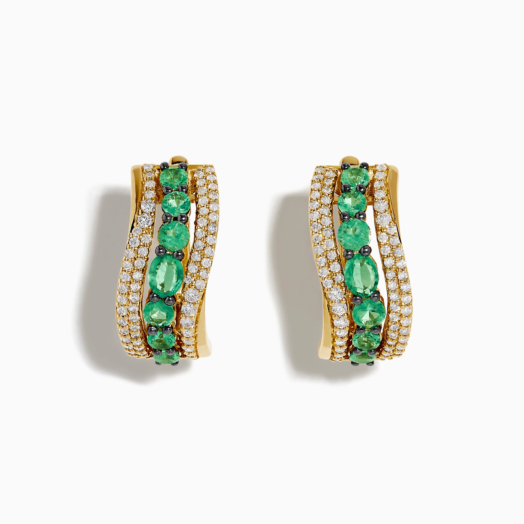 The 14K Yellow Gold Emerald and Diamond Hoop Earrings feature two rows of white diamonds, a central row of oval green gemstones, and a wavy design—ideal for fans of elegant emerald hoops.