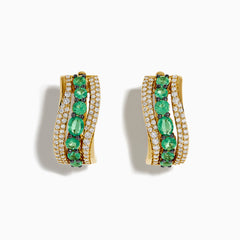 The 14K Yellow Gold Emerald and Diamond Hoop Earrings feature two rows of white diamonds, a central row of oval green gemstones, and a wavy design—ideal for fans of elegant emerald hoops.