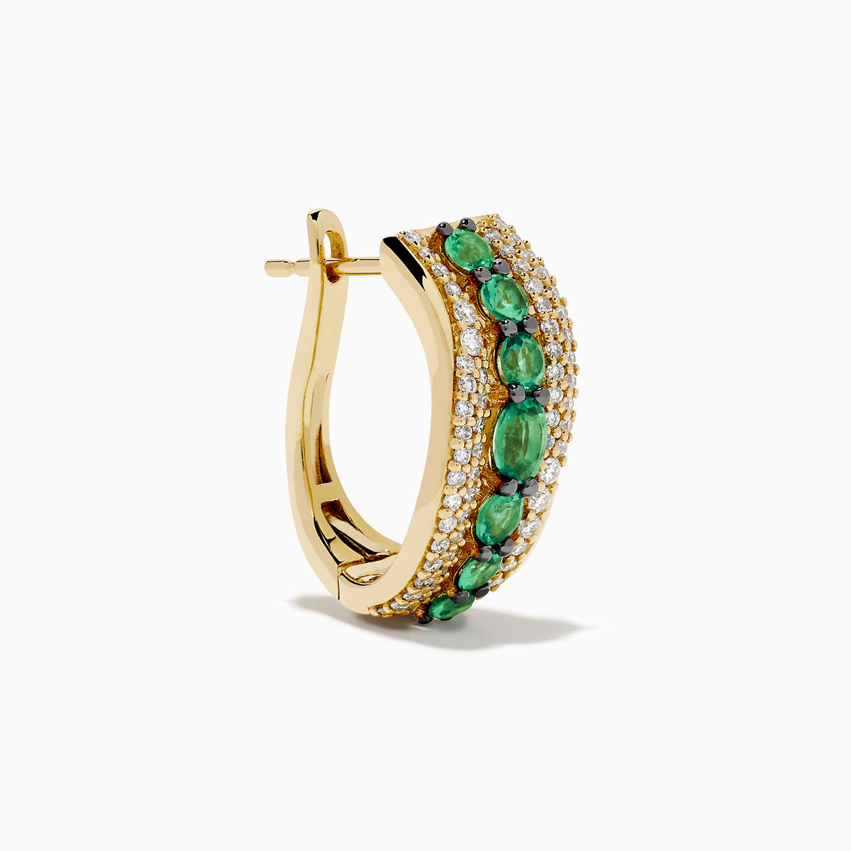 The 14K Yellow Gold Emerald and Diamond Hoop Earrings feature two rows of white diamonds, a central row of oval green gemstones, and a wavy design—ideal for fans of elegant emerald hoops.