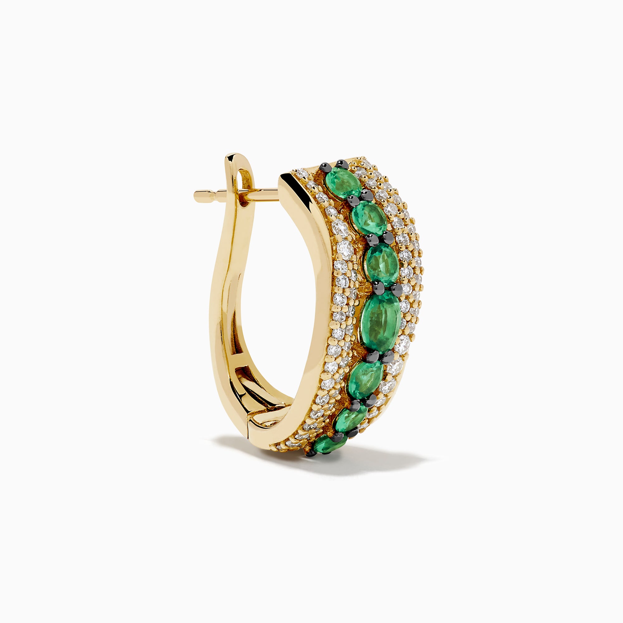 The 14K Yellow Gold Emerald and Diamond Hoop Earrings feature two rows of white diamonds, a central row of oval green gemstones, and a wavy design—ideal for fans of elegant emerald hoops.