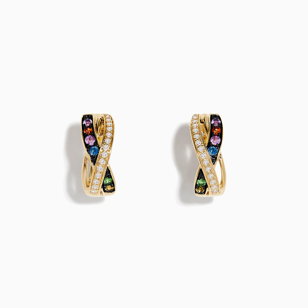 Watercolors 14K Yellow Gold Multi Sapphire and Diamond Earrings feature an overlapping hoop design with rows of small white diamonds and multi-colored sapphires, photographed on a white background.