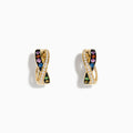 Watercolors 14K Yellow Gold Multi Sapphire and Diamond Earrings feature an overlapping hoop design with rows of small white diamonds and multi-colored sapphires, photographed on a white background.