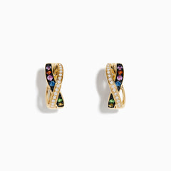 Watercolors 14K Yellow Gold Multi Sapphire and Diamond Earrings feature an overlapping hoop design with rows of small white diamonds and multi-colored sapphires, photographed on a white background.