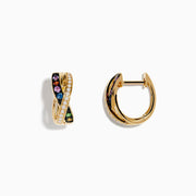 Watercolors 14K Yellow Gold Multi Sapphire and Diamond Earrings feature an overlapping hoop design with rows of small white diamonds and multi-colored sapphires, photographed on a white background.