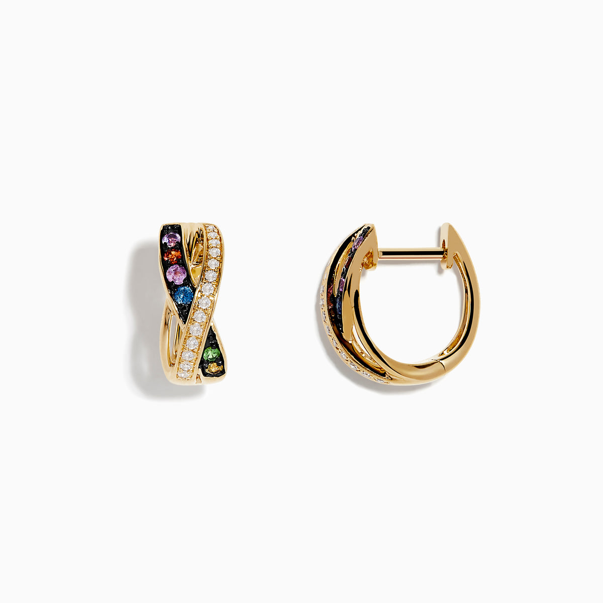 Watercolors 14K Yellow Gold Multi Sapphire and Diamond Earrings feature an overlapping hoop design with rows of small white diamonds and multi-colored sapphires, photographed on a white background.