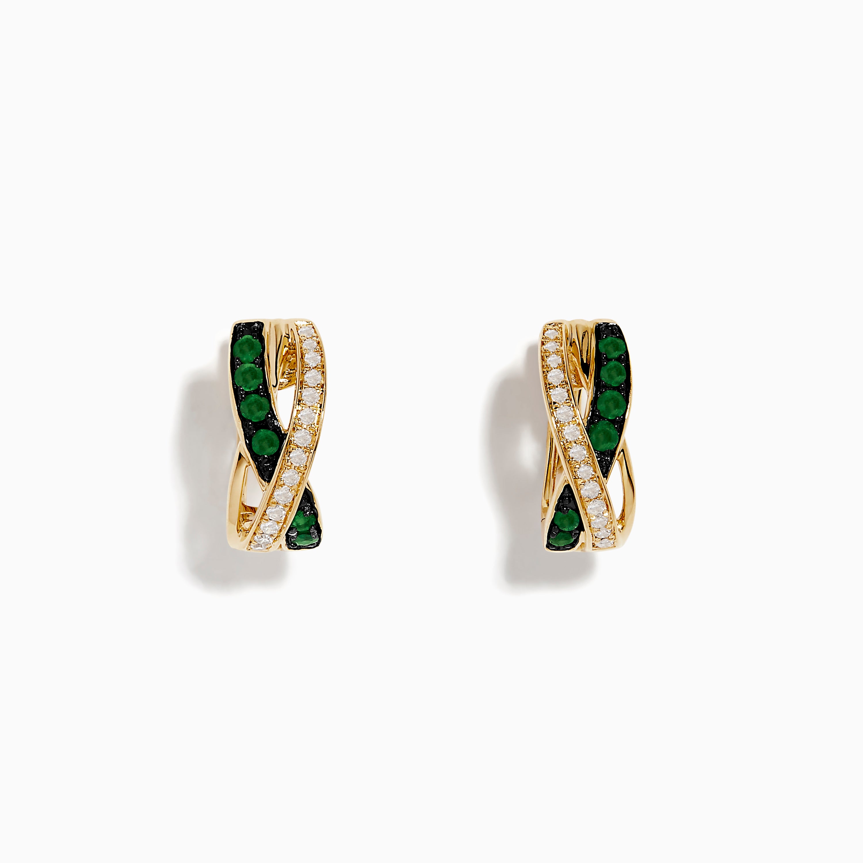 14K Yellow Gold Emerald and Diamond Crossover Hoop Earrings 1/2