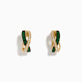 Displayed on a white background, the 14K Yellow Gold Emerald and Diamond Crossover Hoop Earrings (1/2) feature a crisscross design with rows of sparkling diamonds and vivid emerald stones in each earring.