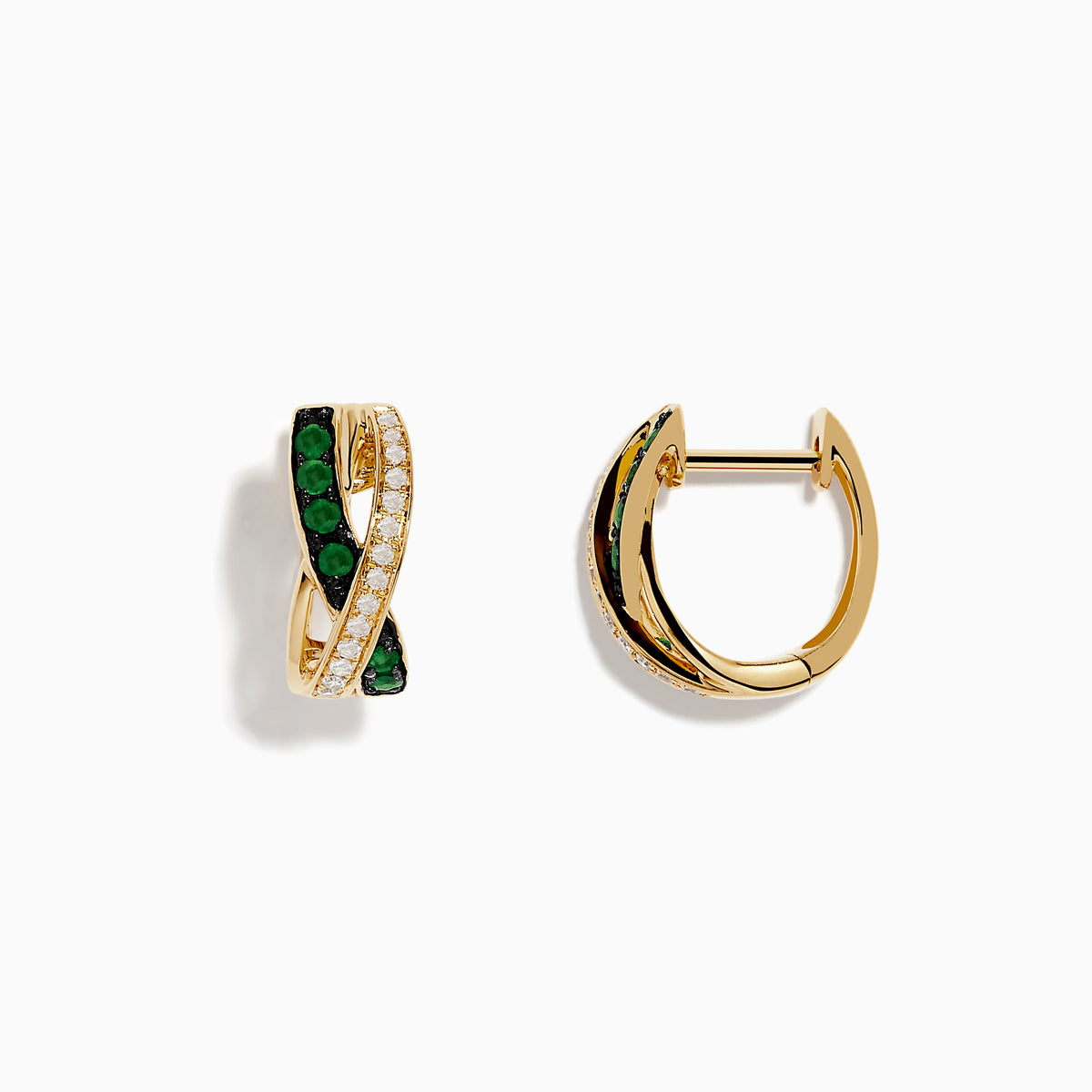 Displayed on a white background, the 14K Yellow Gold Emerald and Diamond Crossover Hoop Earrings (1/2) feature a crisscross design with rows of sparkling diamonds and vivid emerald stones in each earring.