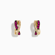 The Ruby Royale 14K Yellow Gold Ruby Crossover 1/2 Hoop Earrings feature intertwined bands with sparkling white diamonds and vivid rubies, showcased on a white background.