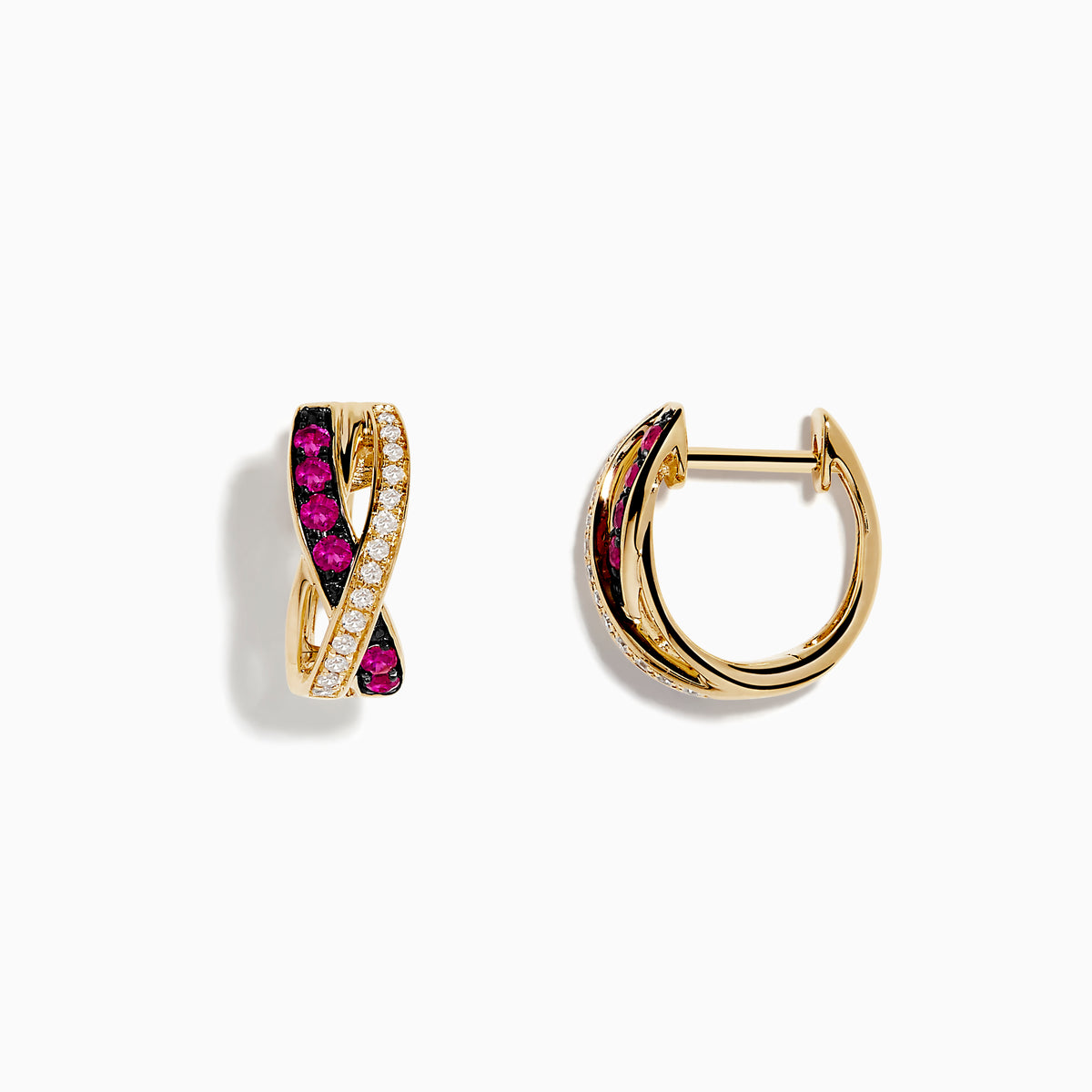 The Ruby Royale 14K Yellow Gold Ruby Crossover 1/2 Hoop Earrings feature intertwined bands with sparkling white diamonds and vivid rubies, showcased on a white background.