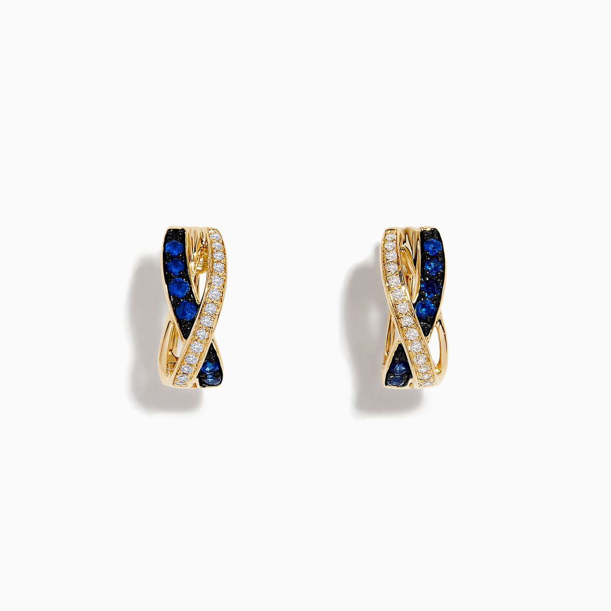 The Royale Bleu 14K Yellow Gold Blue Sapphire and Diamond Earrings feature an intertwined design with rows of blue sapphires and clear diamonds, beautifully set against a white background.