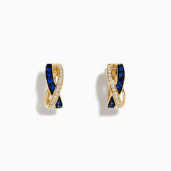 The Royale Bleu 14K Yellow Gold Blue Sapphire and Diamond Earrings feature an intertwined design with rows of blue sapphires and clear diamonds, beautifully set against a white background.