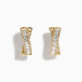The D'Oro 14K Yellow Gold Diamond Criss Cross Small Hoop Earrings, adorned with rows of sparkling diamonds, are displayed against a plain white background.