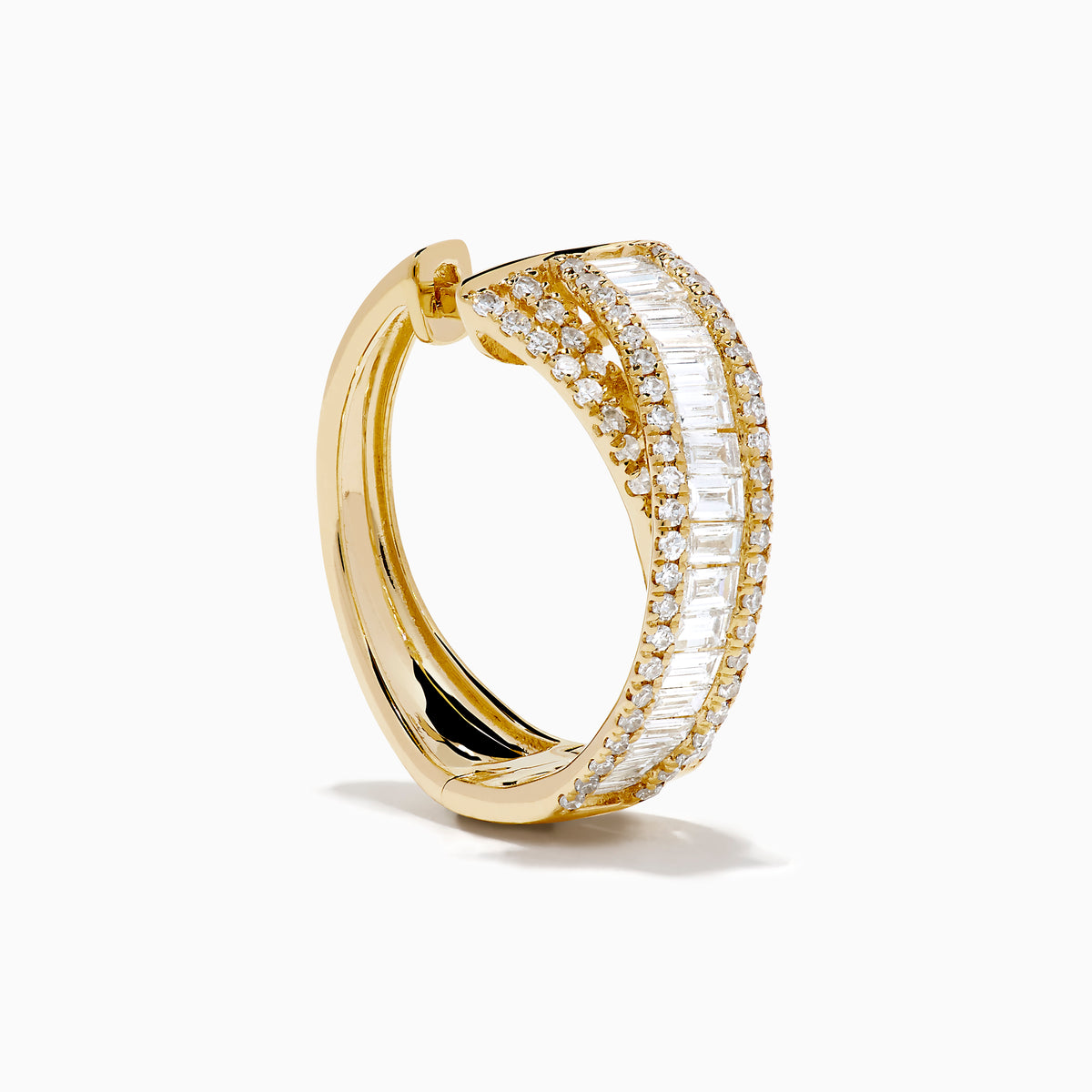 The D'Oro 14K Yellow Gold Diamond Criss Cross Small Hoop Earrings, adorned with rows of sparkling diamonds, are displayed against a plain white background.