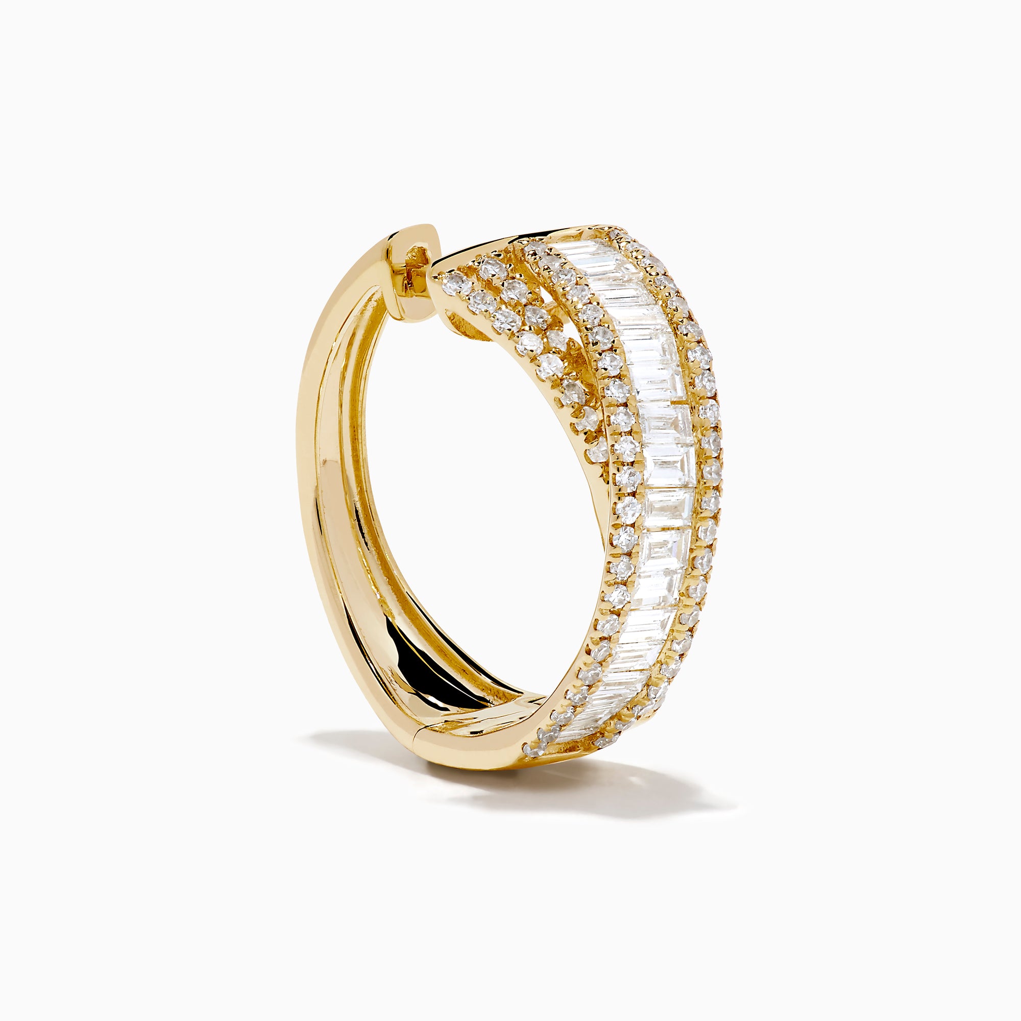 The D'Oro 14K Yellow Gold Diamond Criss Cross Small Hoop Earrings, adorned with rows of sparkling diamonds, are displayed against a plain white background.