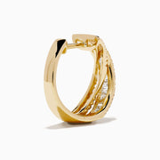 The D'Oro 14K Yellow Gold Diamond Criss Cross Small Hoop Earrings, adorned with rows of sparkling diamonds, are displayed against a plain white background.