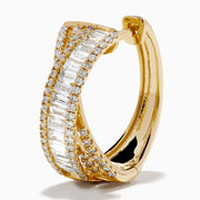 The D'Oro 14K Yellow Gold Diamond Criss Cross Small Hoop Earrings, adorned with rows of sparkling diamonds, are displayed against a plain white background.