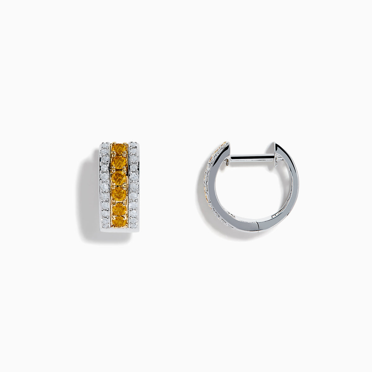 The Canare 14K Two Tone Gold Yellow and White Diamond Huggie Earrings showcase a central row of yellow diamonds bordered by two rows of white diamonds, all set in a striking two-tone gold design.