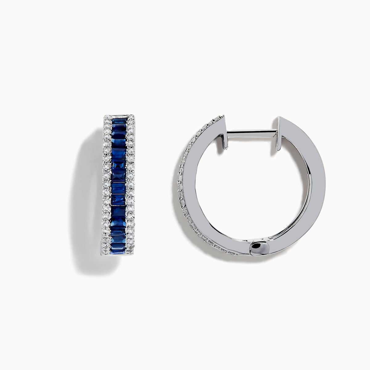 The Royale Bleu 14K White Gold Blue Sapphire and Diamond Hoop Earrings feature a central row of rectangular blue sapphires bordered by round white diamonds, displayed on a white background.
