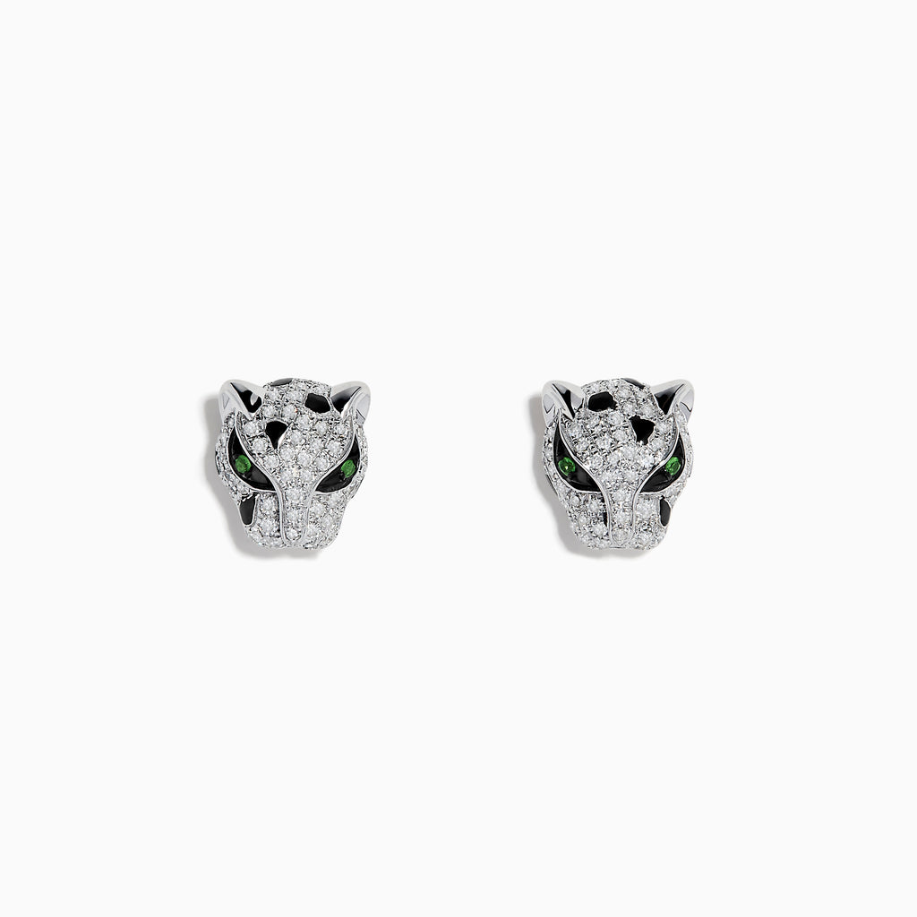 A pair of Signature 14K White Gold Tsavorite and Diamond Panther Stud Earrings, shaped like panther heads with sparkling diamond accents and vivid tsavorite green gemstone eyes, displayed on a plain white background.