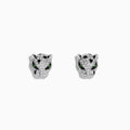 A pair of Signature 14K White Gold Tsavorite and Diamond Panther Stud Earrings, shaped like panther heads with sparkling diamond accents and vivid tsavorite green gemstone eyes, displayed on a plain white background.