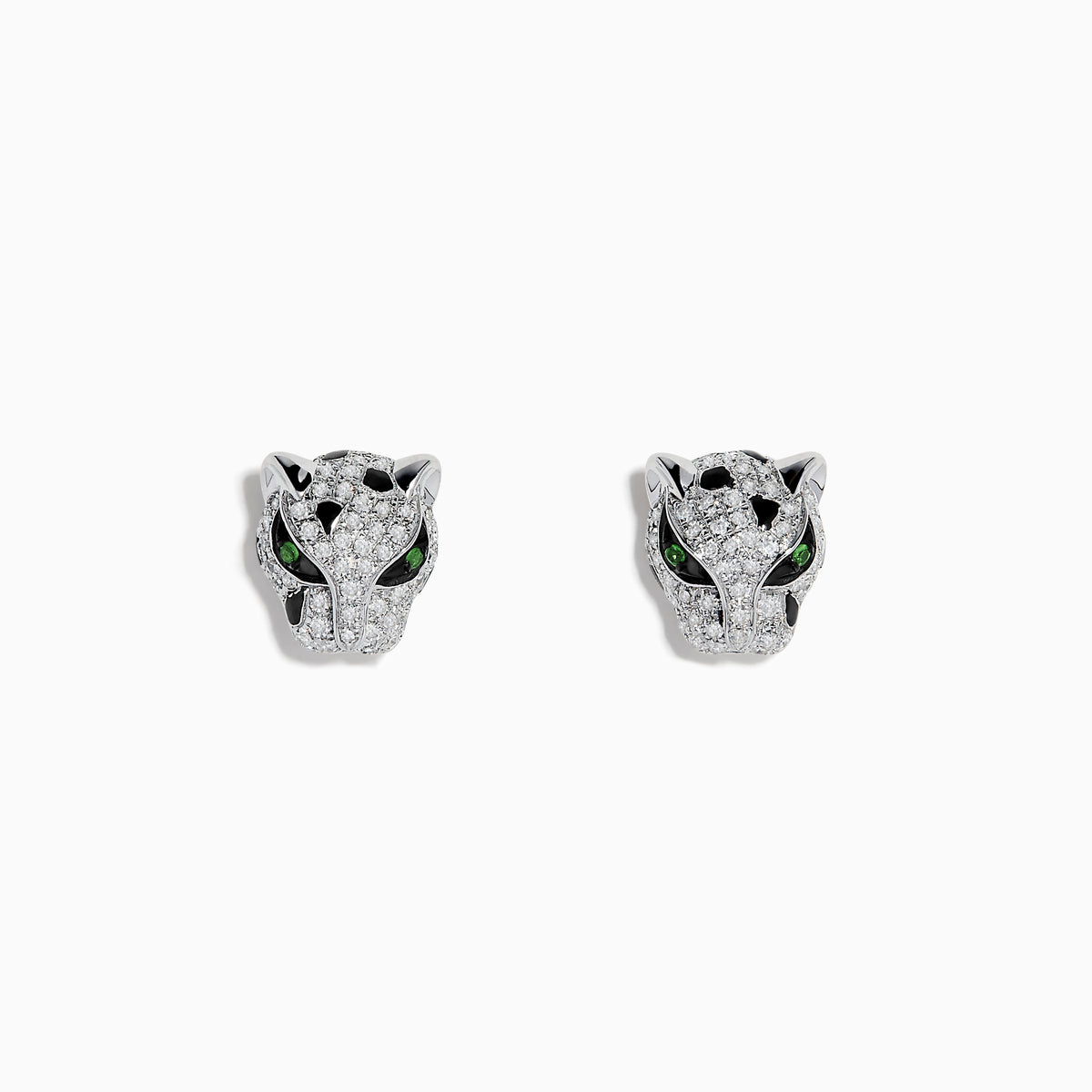 A pair of Signature 14K White Gold Tsavorite and Diamond Panther Stud Earrings, shaped like panther heads with sparkling diamond accents and vivid tsavorite green gemstone eyes, displayed on a plain white background.