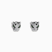 A pair of Signature 14K White Gold Tsavorite and Diamond Panther Stud Earrings, shaped like panther heads with sparkling diamond accents and vivid tsavorite green gemstone eyes, displayed on a plain white background.