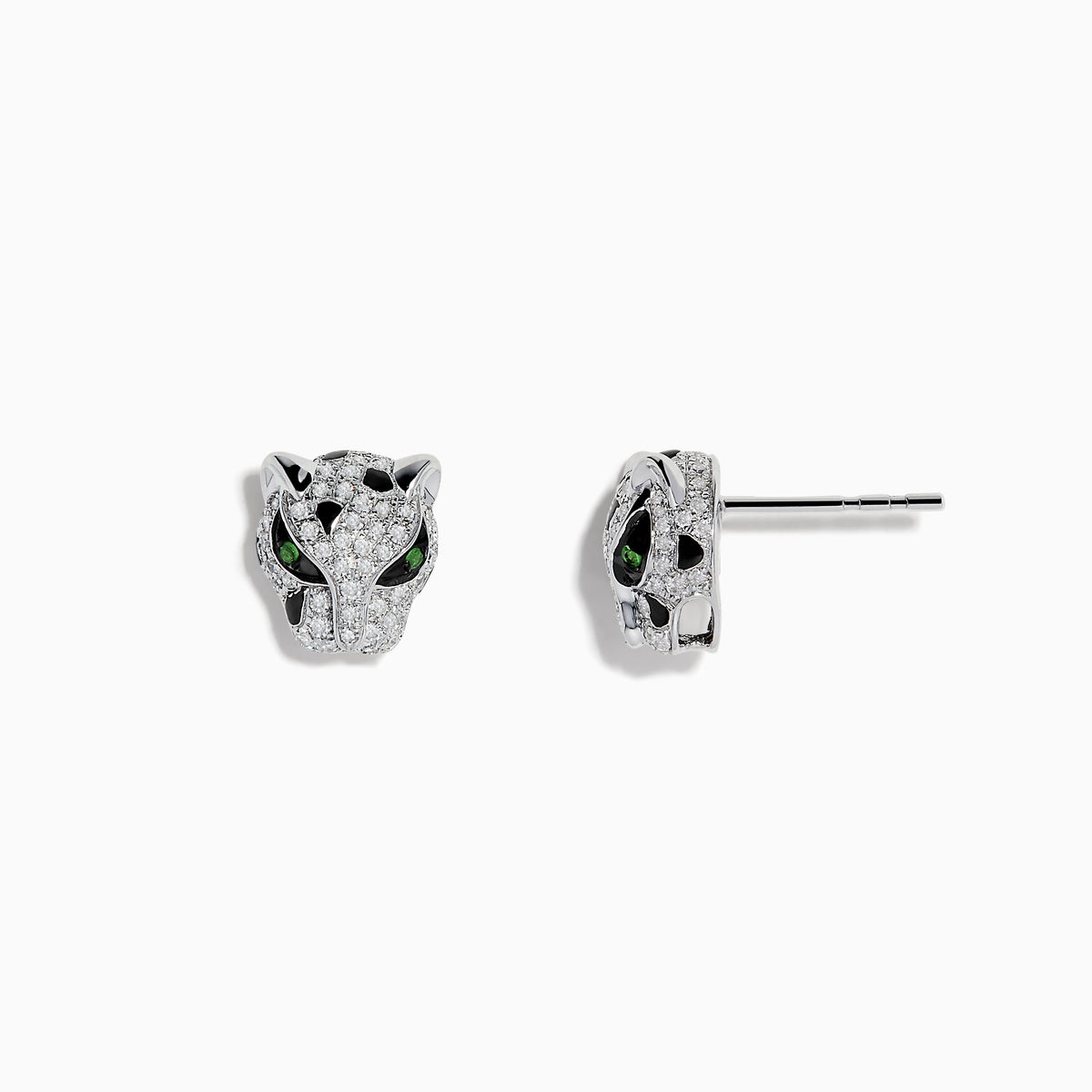 A pair of Signature 14K White Gold Tsavorite and Diamond Panther Stud Earrings, shaped like panther heads with sparkling diamond accents and vivid tsavorite green gemstone eyes, displayed on a plain white background.
