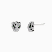 A pair of Signature 14K White Gold Tsavorite and Diamond Panther Stud Earrings, shaped like panther heads with sparkling diamond accents and vivid tsavorite green gemstone eyes, displayed on a plain white background.