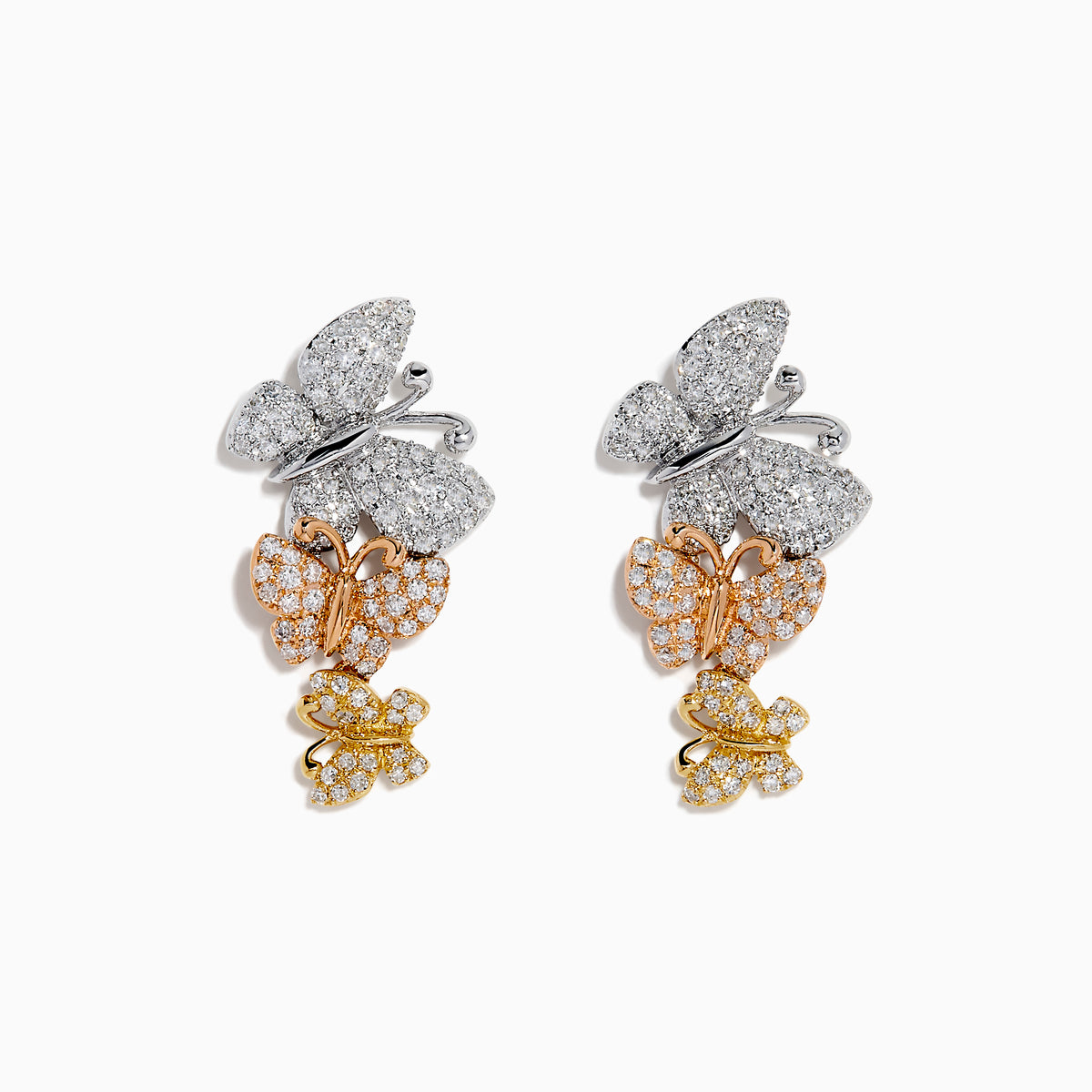 The 14K Tri-Color Gold Diamond Butterfly Earrings showcase three butterfly designs in silver, rose gold, and yellow gold, each adorned with sparkling gemstones on a white background.