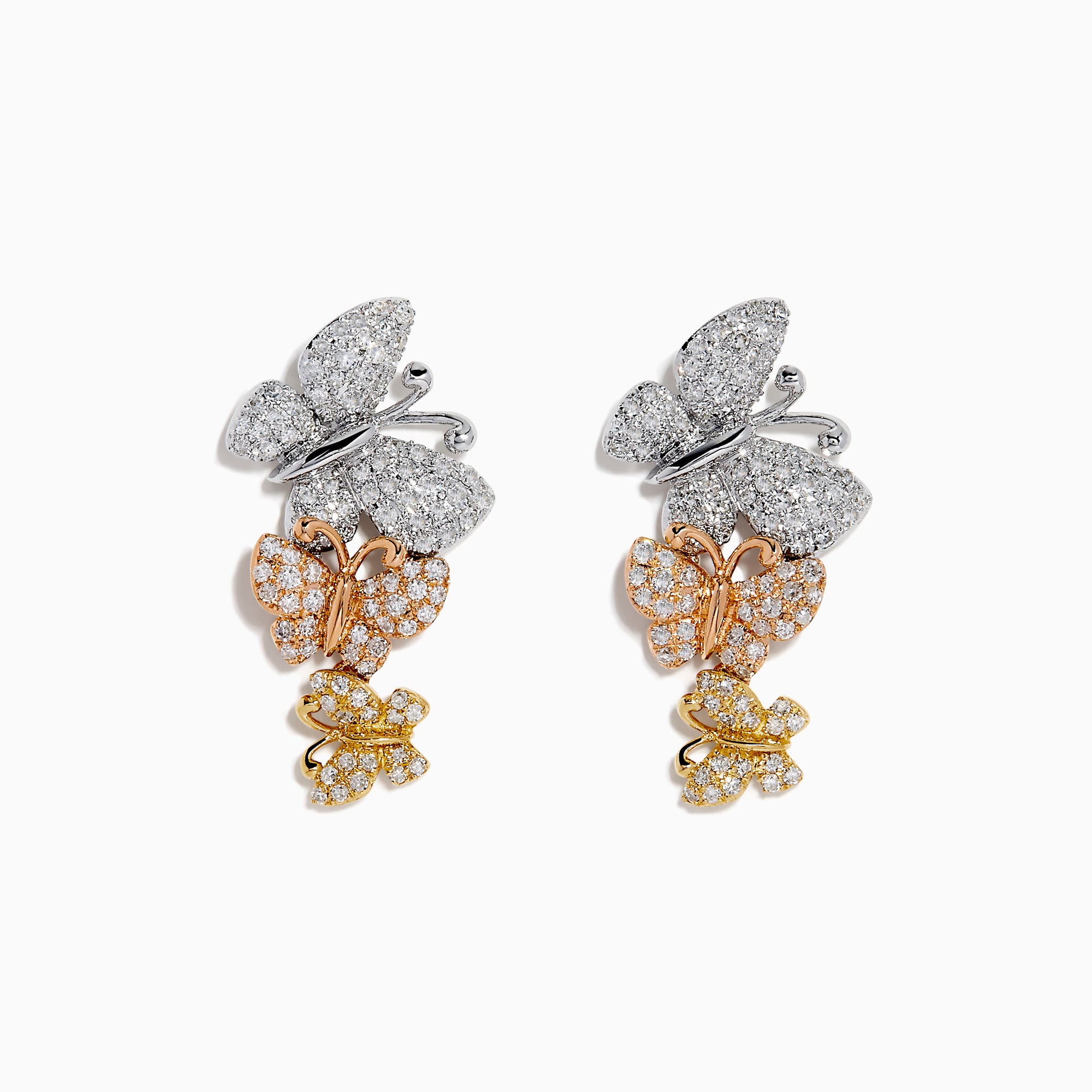 The 14K Tri-Color Gold Diamond Butterfly Earrings showcase three butterfly designs in silver, rose gold, and yellow gold, each adorned with sparkling gemstones on a white background.