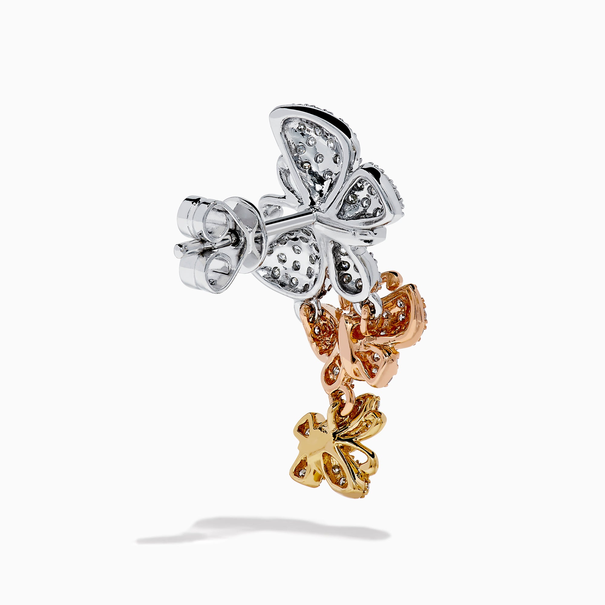 The 14K Tri-Color Gold Diamond Butterfly Earrings showcase three butterfly designs in silver, rose gold, and yellow gold, each adorned with sparkling gemstones on a white background.