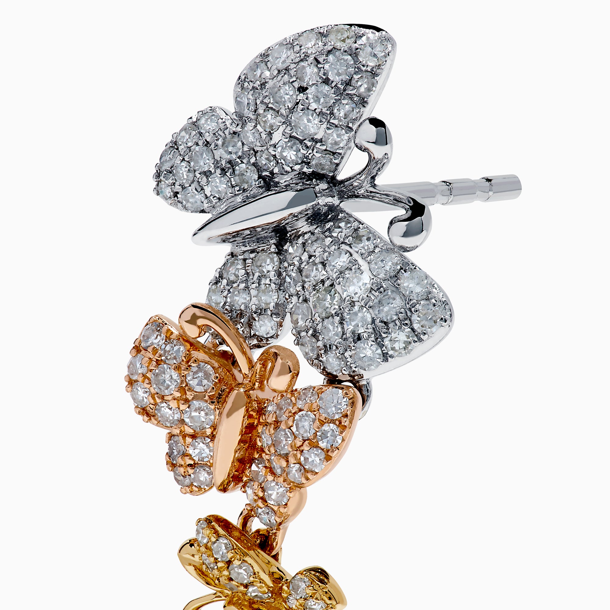 The 14K Tri-Color Gold Diamond Butterfly Earrings showcase three butterfly designs in silver, rose gold, and yellow gold, each adorned with sparkling gemstones on a white background.