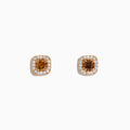 The Espresso 14K Rose Gold Brown and White Diamond Stud Earrings feature a central brown and white diamond with clear crystal accents, set in square-shaped studs.