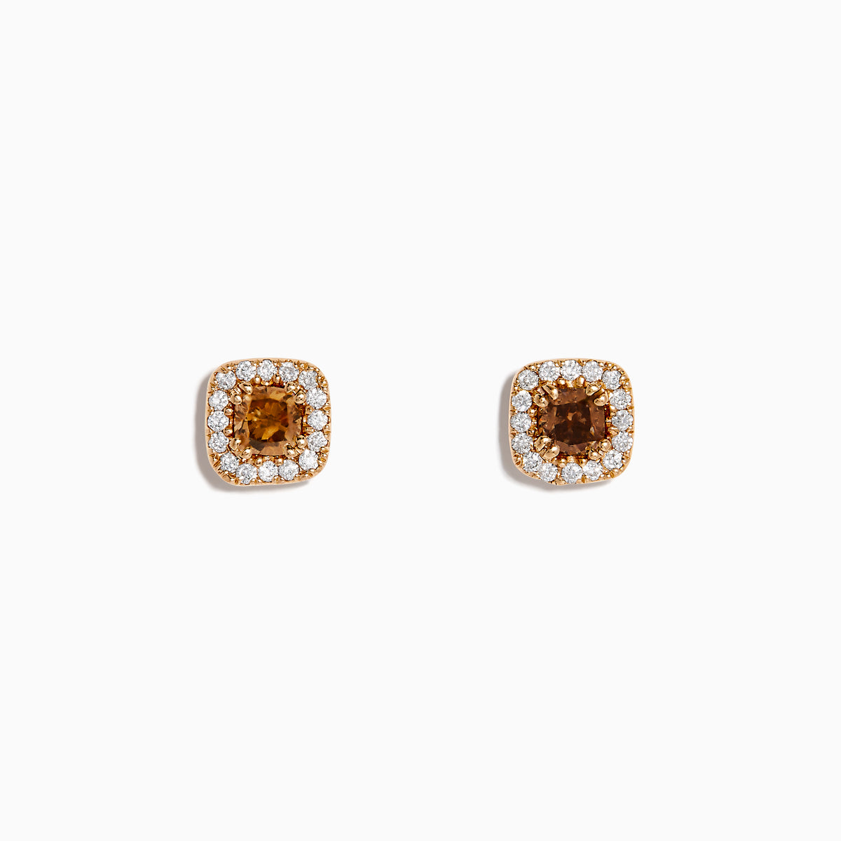 The Espresso 14K Rose Gold Brown and White Diamond Stud Earrings feature a central brown and white diamond with clear crystal accents, set in square-shaped studs.