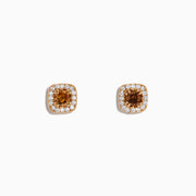 The Espresso 14K Rose Gold Brown and White Diamond Stud Earrings feature a central brown and white diamond with clear crystal accents, set in square-shaped studs.