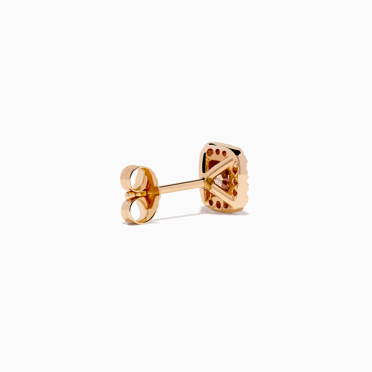 The Espresso 14K Rose Gold Brown and White Diamond Stud Earrings feature a central brown and white diamond with clear crystal accents, set in square-shaped studs.