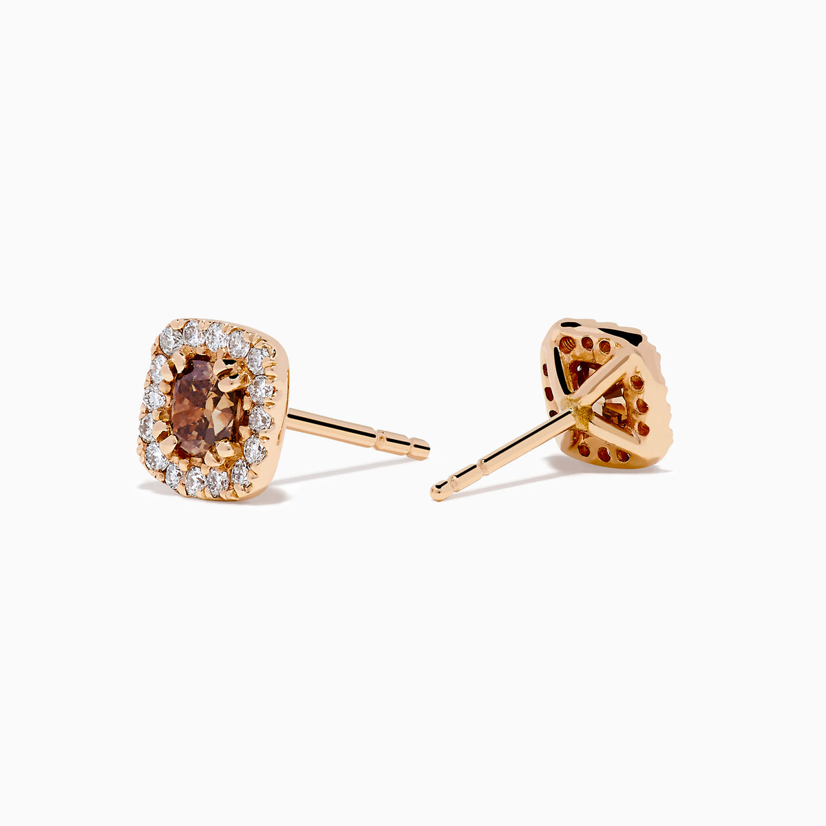 The Espresso 14K Rose Gold Brown and White Diamond Stud Earrings feature a central brown and white diamond with clear crystal accents, set in square-shaped studs.