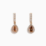 14K Rose Gold Brown and White Diamond Dangle Earrings featuring teardrop-shaped brown stones surrounded by white diamonds, with extra white diamonds accenting the vertical stem above each drop.