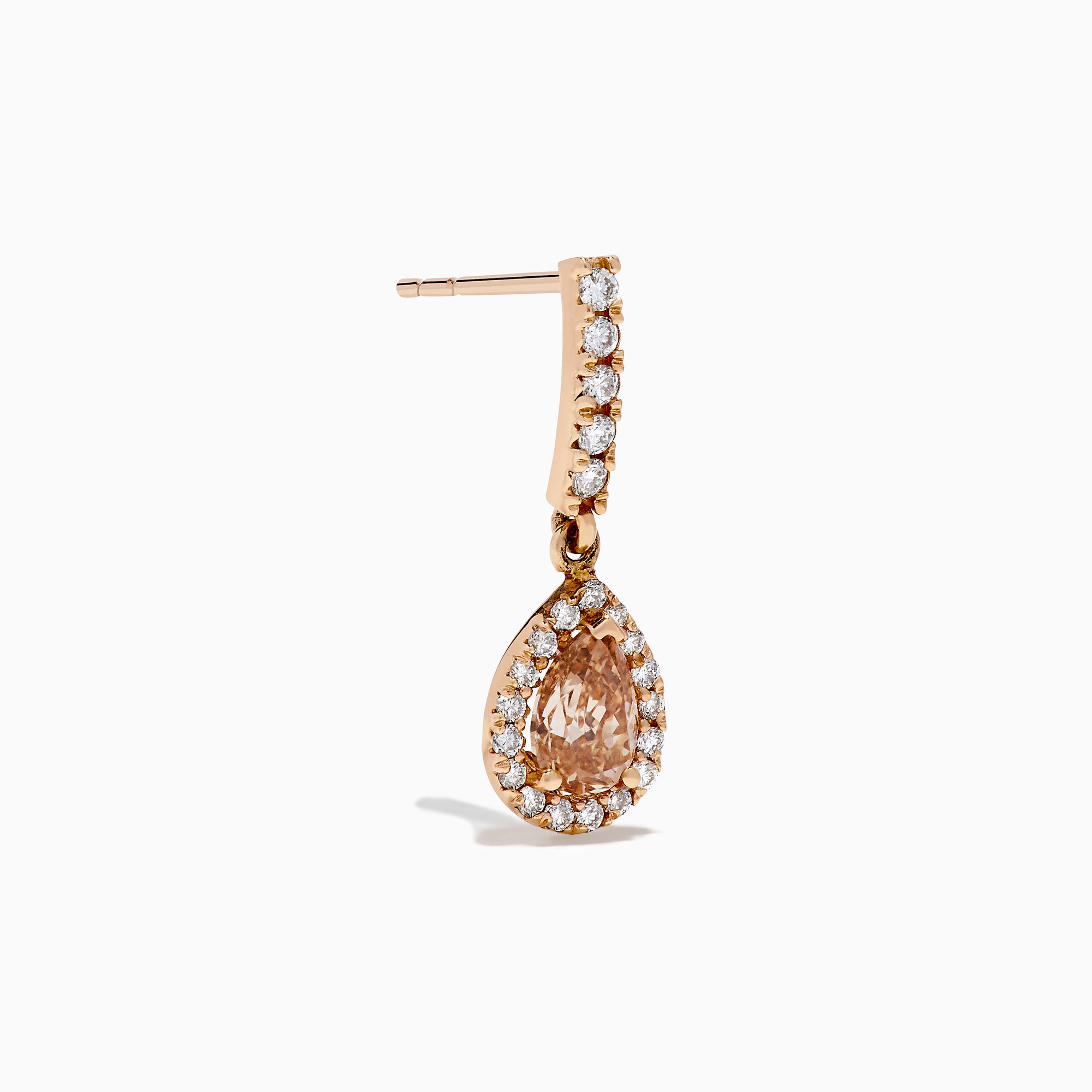 14K Rose Gold Brown and White Diamond Dangle Earrings featuring teardrop-shaped brown stones surrounded by white diamonds, with extra white diamonds accenting the vertical stem above each drop.