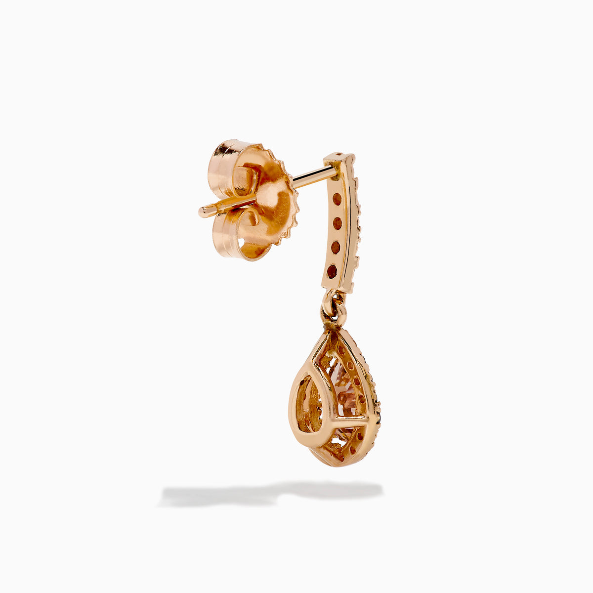 14K Rose Gold Brown and White Diamond Dangle Earrings featuring teardrop-shaped brown stones surrounded by white diamonds, with extra white diamonds accenting the vertical stem above each drop.