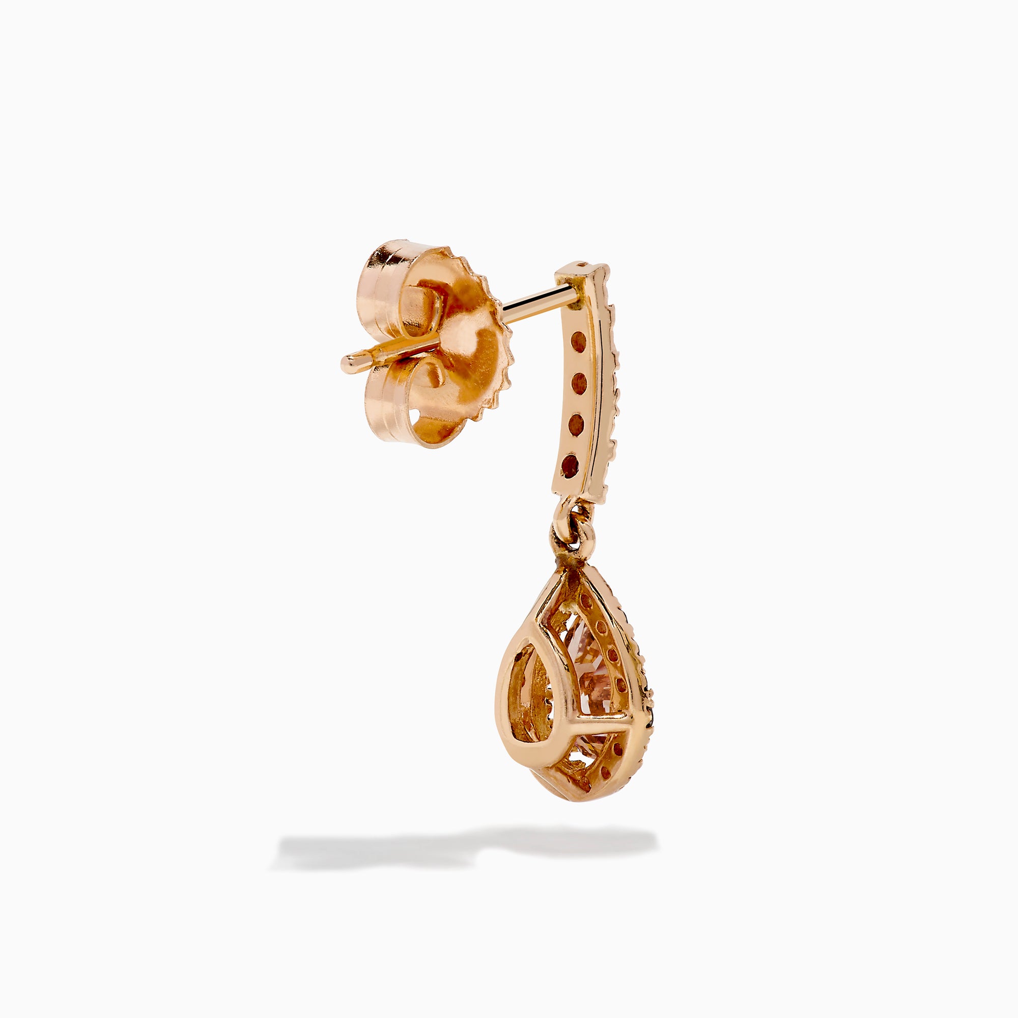 14K Rose Gold Brown and White Diamond Dangle Earrings featuring teardrop-shaped brown stones surrounded by white diamonds, with extra white diamonds accenting the vertical stem above each drop.