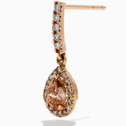 14K Rose Gold Brown and White Diamond Dangle Earrings featuring teardrop-shaped brown stones surrounded by white diamonds, with extra white diamonds accenting the vertical stem above each drop.
