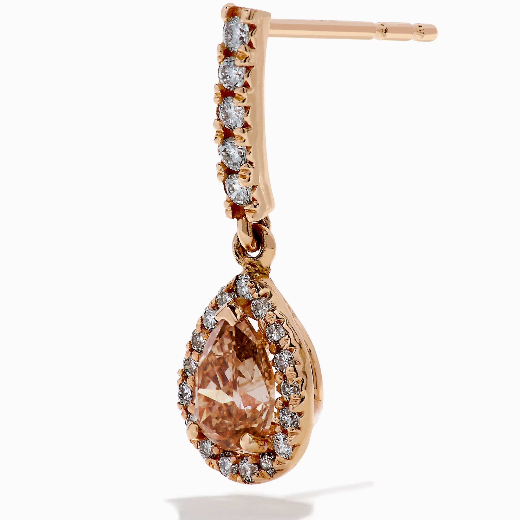 14K Rose Gold Brown and White Diamond Dangle Earrings featuring teardrop-shaped brown stones surrounded by white diamonds, with extra white diamonds accenting the vertical stem above each drop.